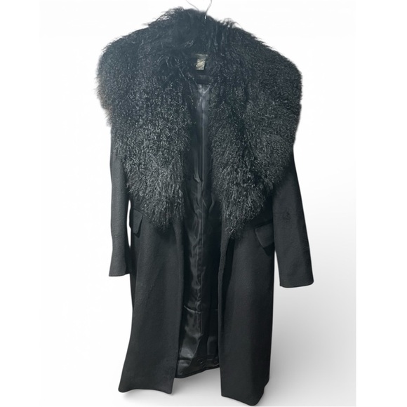 Banana Republic Black Wool Coat Removable Angora Fur Collar Medium Like New - Picture 2 of 12